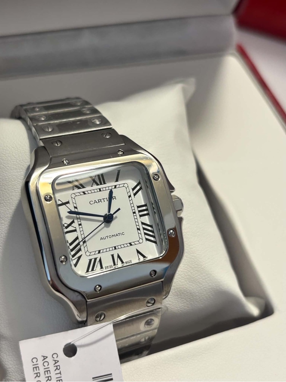 Cartier Santos Stainless Steel Watch with White Dial and Blue Hands